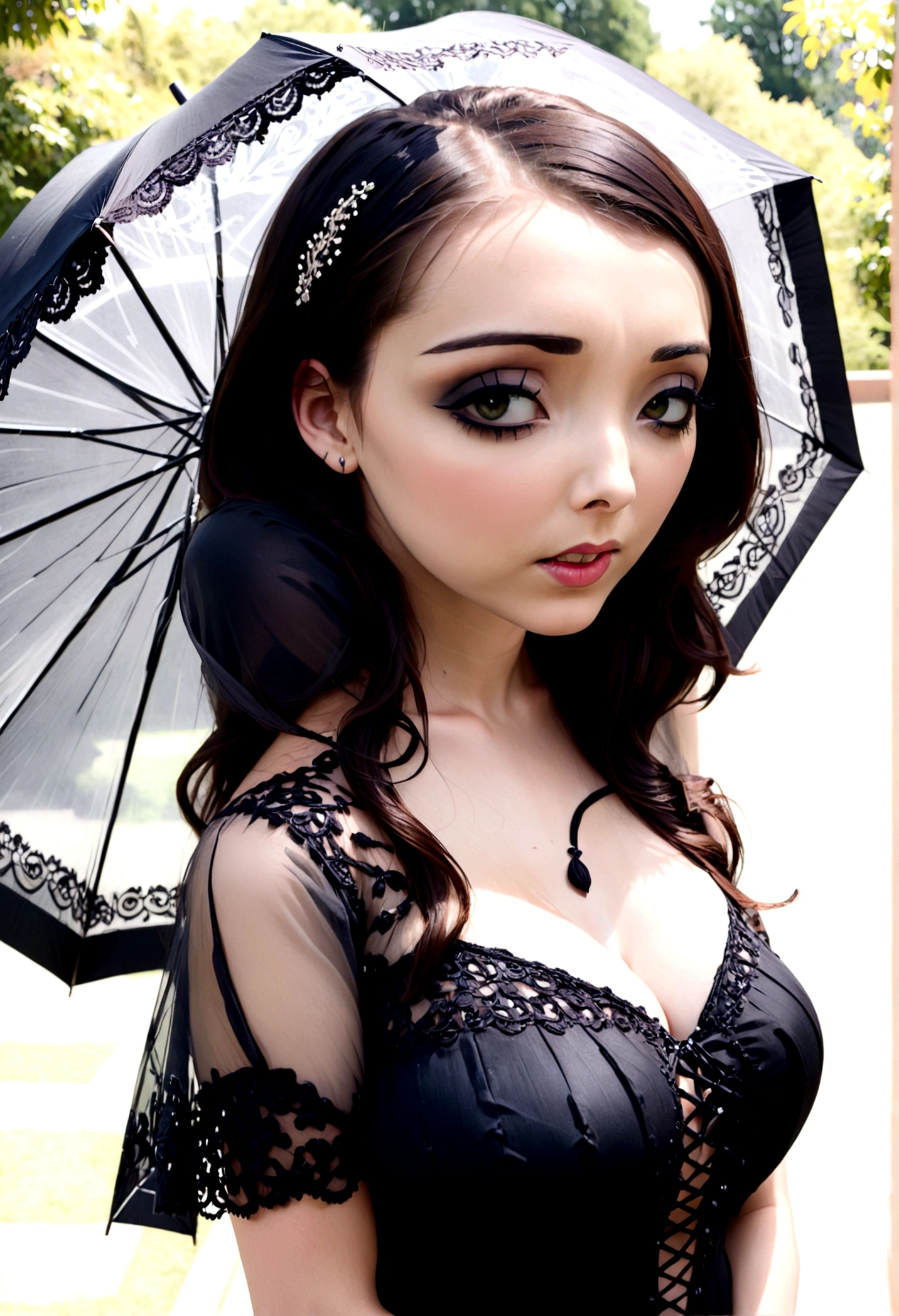 A sad woman (black umbrella, sheer black summer dress lots of black lace and embroidery, goth make up), sunny day, busy college campus