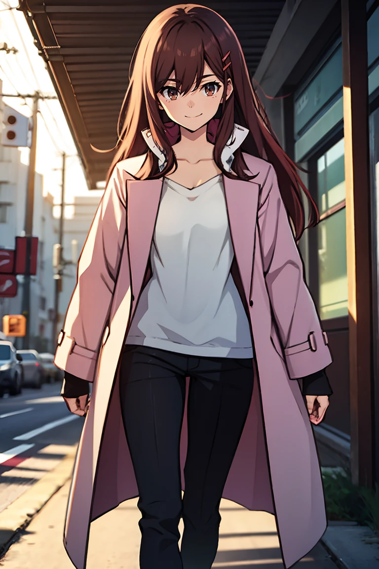 (masterpiece, best quality:1.2), shion shishibe, 1girl, black pants, buttons, coat, jacket, long sleeves, open clothes, open jacket, pants, shirt, solo, white jacket, brown eyes, reddish brown hair, coat, collarbone, hair ornament, jacket, labcoat, long hair, magenta clothes