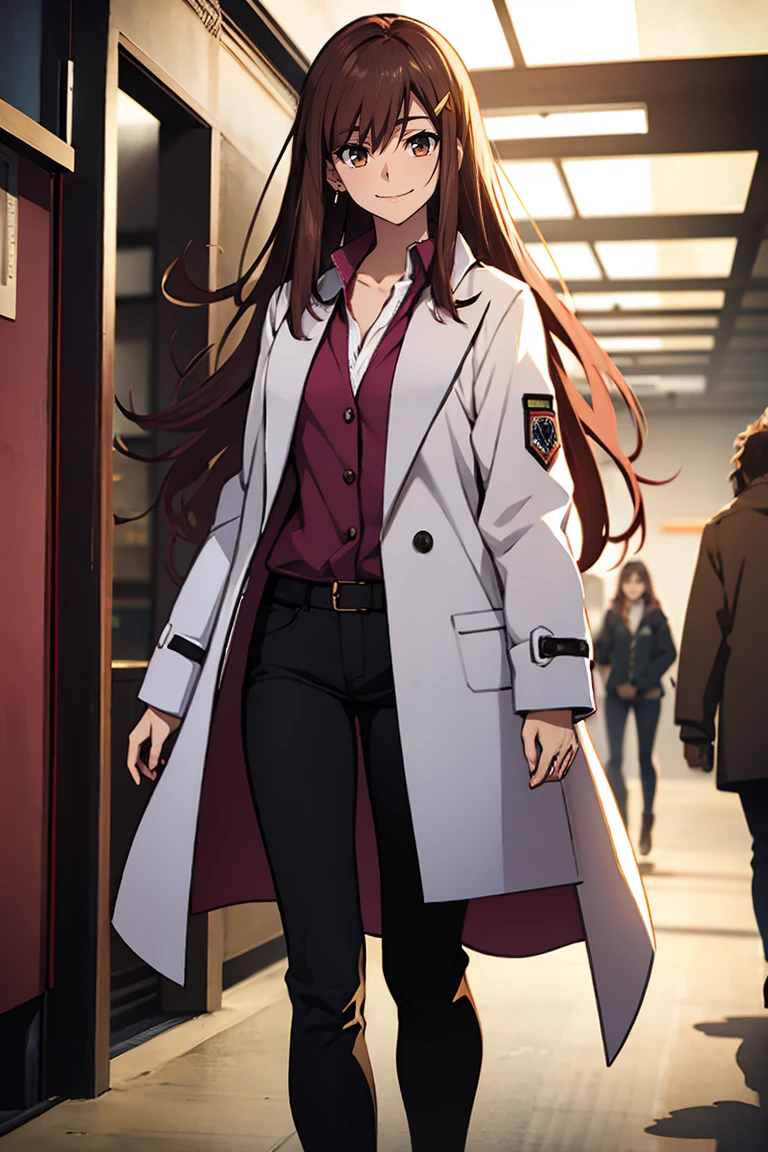 (masterpiece, best quality:1.2), shion shishibe, 1girl, black pants, buttons, coat, jacket, long sleeves, open clothes, open jacket, pants, shirt, solo, white jacket, brown eyes, reddish brown hair, coat, collarbone, hair ornament, jacket, labcoat, long hair, magenta clothes