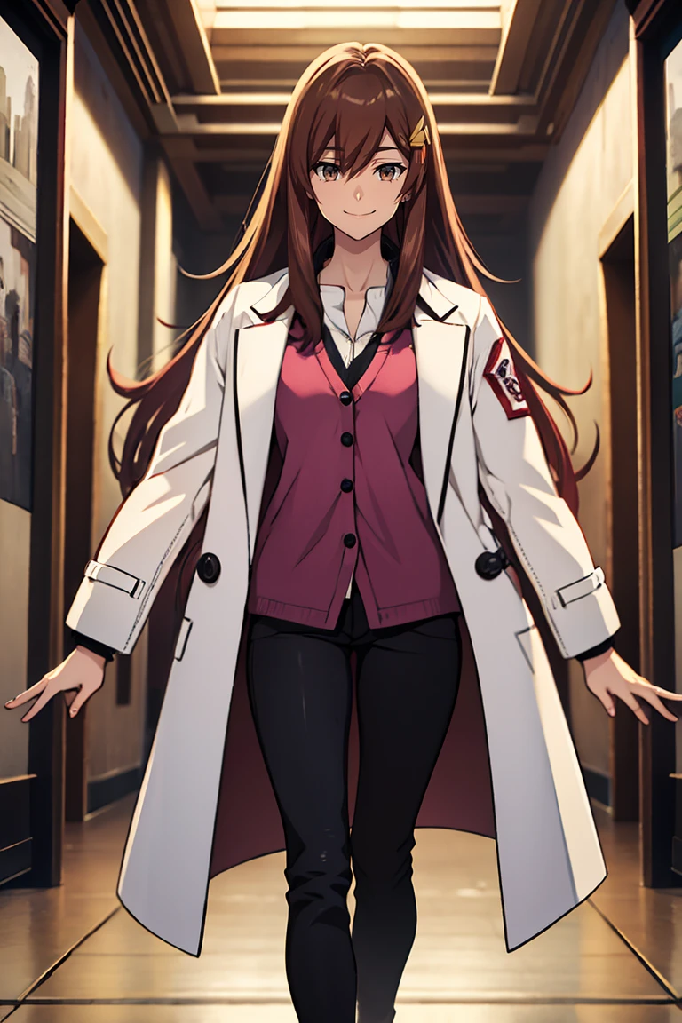 (masterpiece, best quality:1.2), shion shishibe, 1girl, black pants, buttons, coat, jacket, long sleeves, open clothes, open jacket, pants, shirt, solo, white jacket, brown eyes, reddish brown hair, coat, collarbone, hair ornament, jacket, labcoat, long hair, magenta clothes