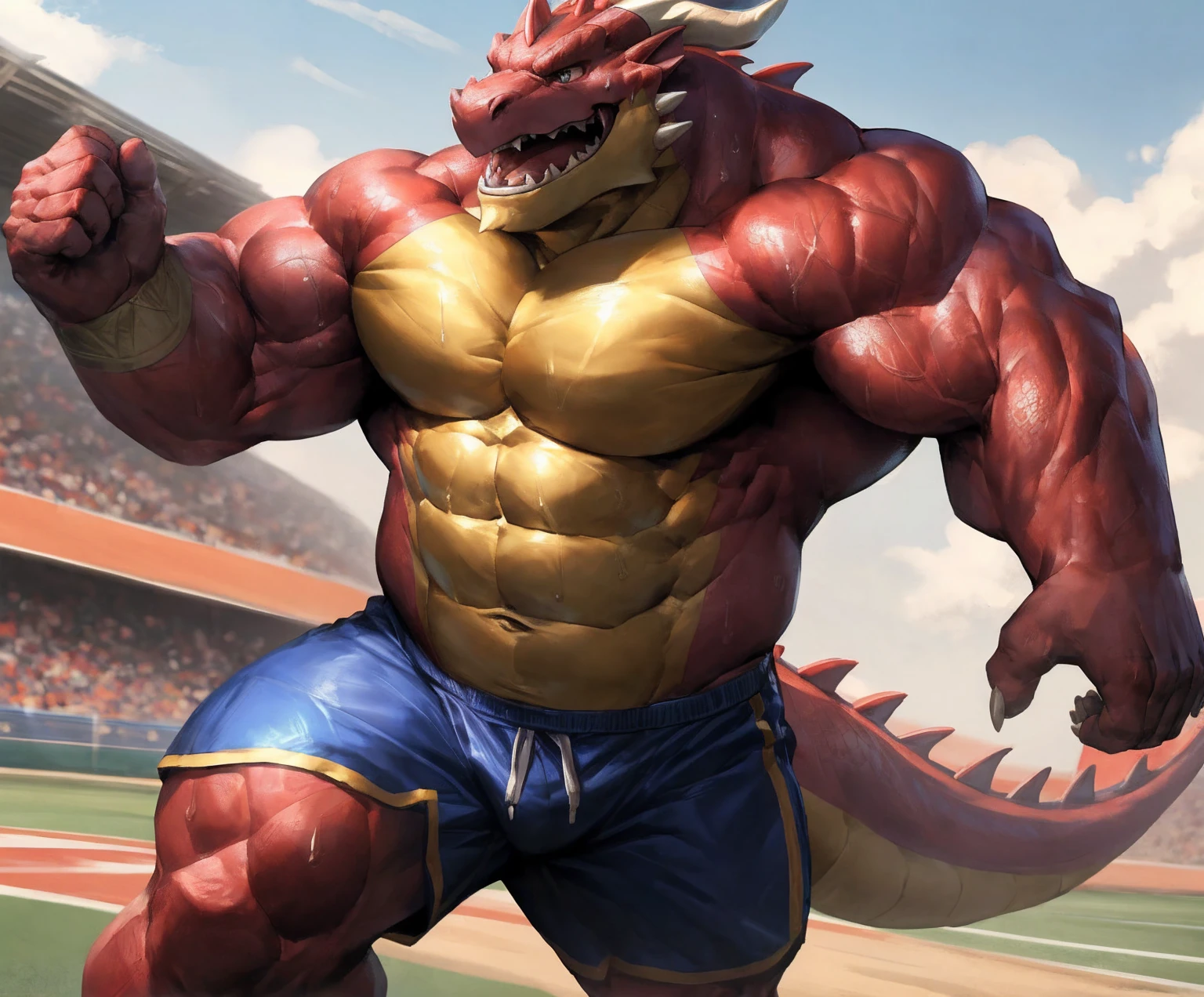 human nature, cannon, male, solitary, ((the strong，Handsome)), (dragon), Chibo，Six-pack abs，(Athletics，Track)，run，Blue shorts，Sweat:1.3，high quality, (4K,high quality, high resolution, masterpiece), cartoon,by lindong
