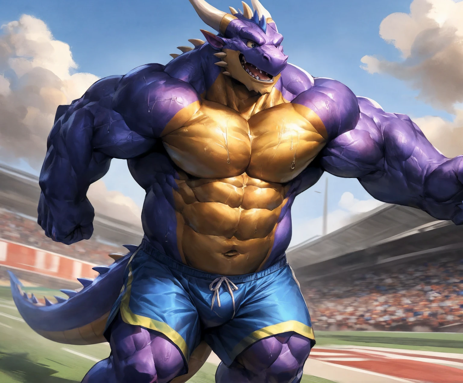 human nature, cannon, male, solitary, ((the strong,Handsome)), (dragon), Chibo,Six-pack abs,(Athletics,Track),run,Blue shorts,Sweat:1.3,high quality, (4K,high quality, high resolution, masterpiece), cartoon,by lindong