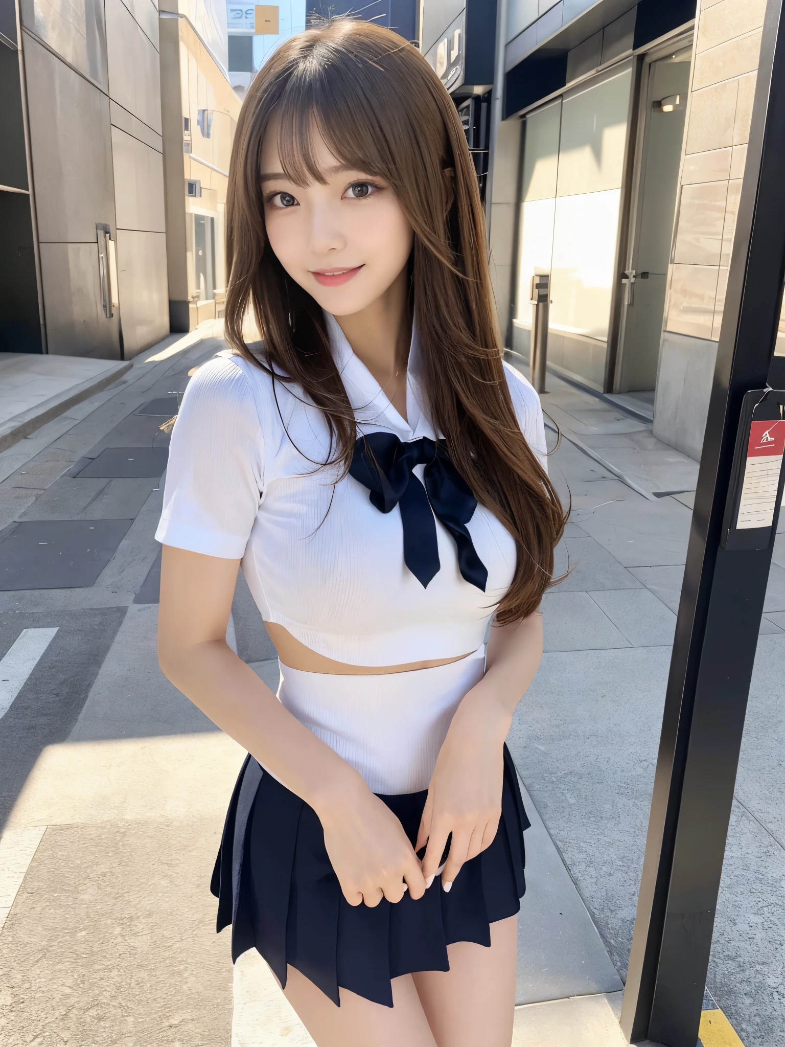 high school girl、Wearing 、、Wearing an armband、Japanese women,（whole body）、17 years old、Wearing a miniskirt、Healthy thighs、Even bangs、 Very beautiful face,  Beautiful girls, Beautiful realistic face,  
