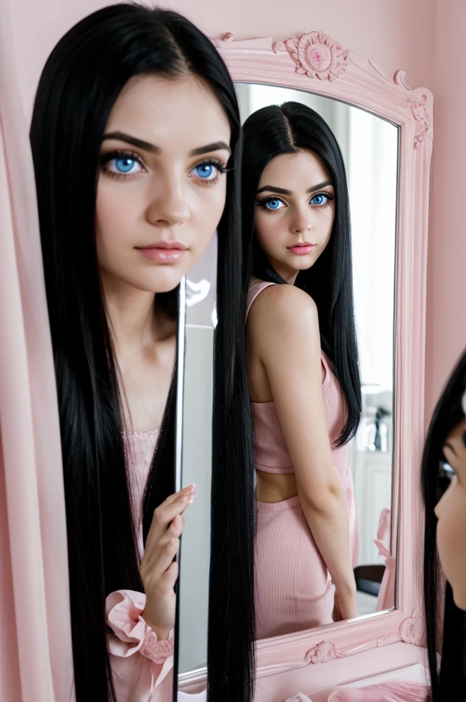 Girl with long straight black hair and deep blue eyes, big eyes and long eyelashes, pink and full lips, with a pale test looking in the mirror somewhat confused