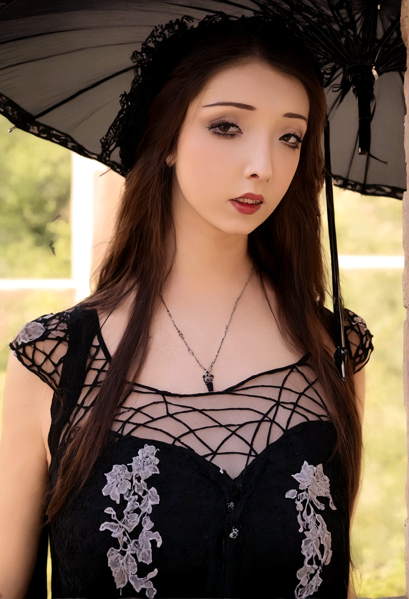 A sad woman (black umbrella, sheer black summer dress lots of black lace and embroidery, goth make up), sunny day, busy college campus
