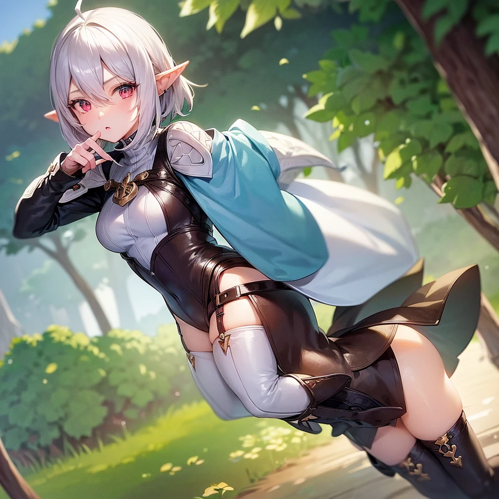 1girl,ALISAIE,elf,1girl,pointy ears,elezen,fingerless gloves,thigh boots,white hair,jacket,ahoge,short hair,shorts