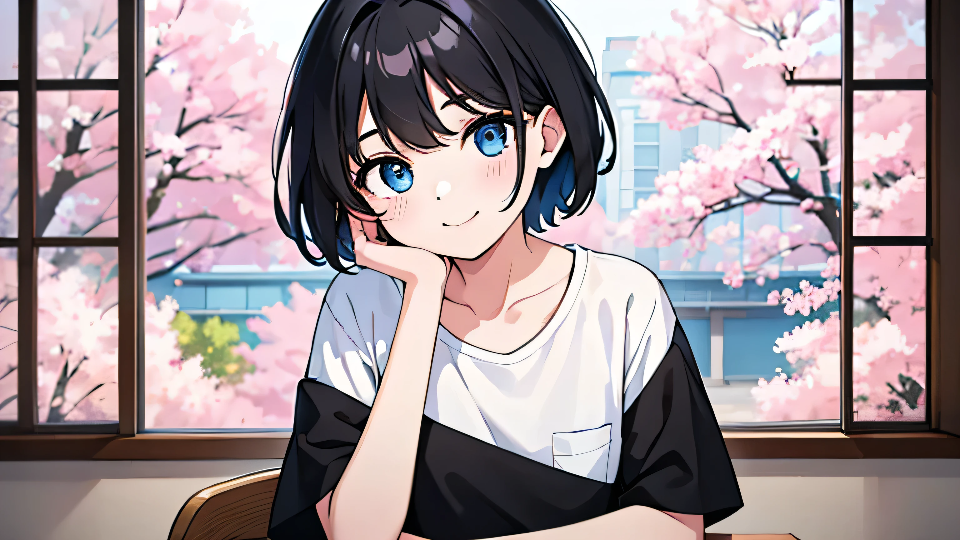 1girl, solo, blue eyes, (detailed eyes), gentle smile, flat chest, short hair, black hair, ((white t-shirt)), simple t-shirt, black skirt, black socks, upper body, ((masterpiece, illustration, best quality)) sitting on a chair near the japanese school window and viewing the cherry blossom trees