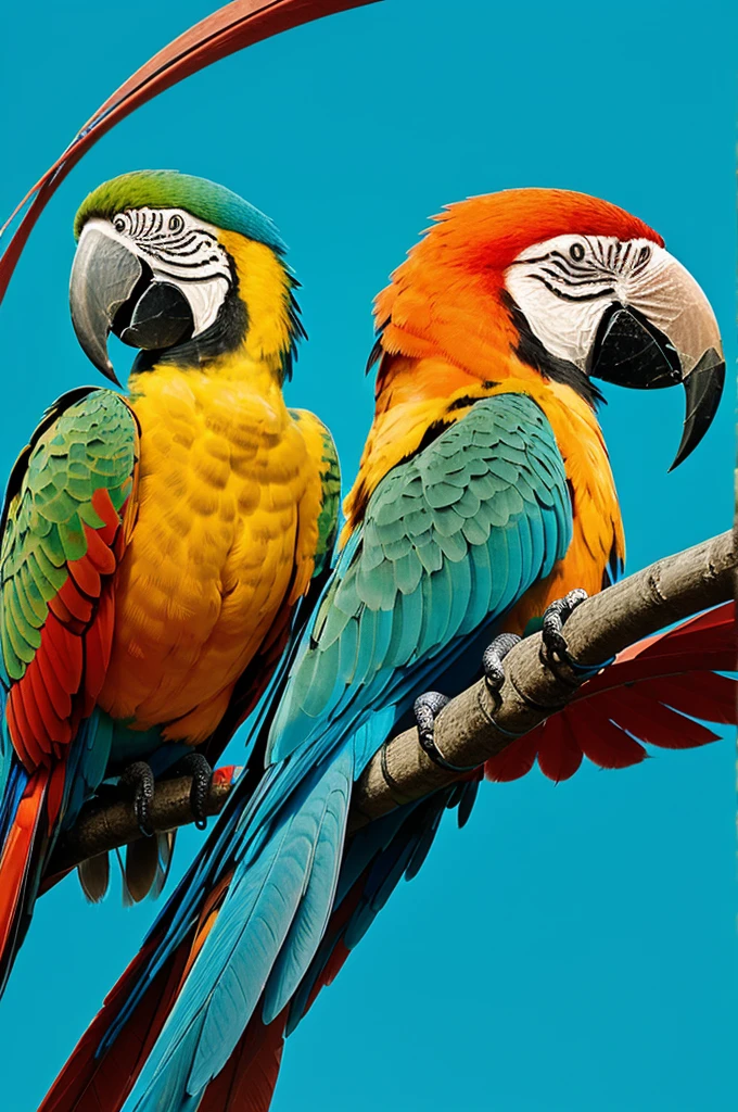 Imagine a 2D circular logo with a soft light blue background. In the center of the circle, draw a colorful and detailed macaw, with bright feathers in shades of red, blue, yellow and green. The macaw is positioned so that it stands out against the light blue background, creating a striking and attractive contrast.