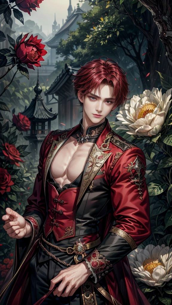 (Absurdres, Highres, Ultra Detailed, HDR)
Best quality picture of a detailed character with handsome looks, korean face, short unruly red hair, white eyes without pupils, grinning face, strong physique. Beautiful hands
Intricate and detailed outfit made of flowing silk.,
Detailed garden background, burgundy roses, dark elegant
Art kenouji
Tim Burton theme.
Intricate details.
Masterpiece