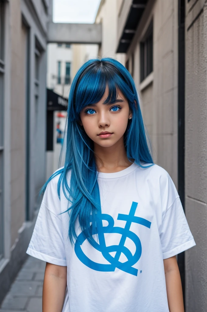 A girl Hair color blue with white Eye color light blue White skin tone Street wear clothing style