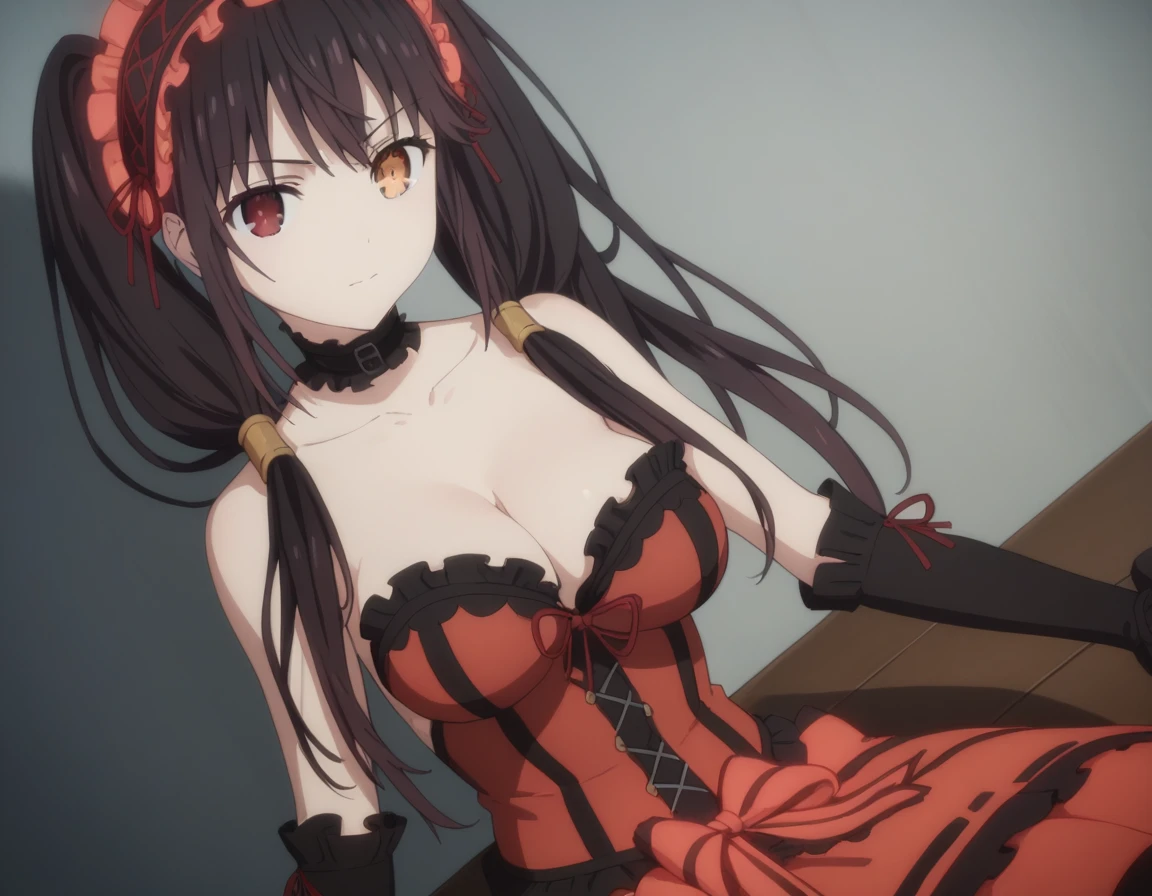kurumi tokisaki, black hair, red eyes, long hair, twintails, yellow eyes, hairband, heterochromia, dress, red dress
unbuttoned, bare shoulders, collarbone, choker, bowtie, red bowtie, detached sleeves, corset unbuttoned, frills, cleavage unbuttoned,sitting, looking at viewer, cowboy shot, dutch angle,showing naked breasts, medium large breasts,
showing naked breasts (cowboy photo: 1)