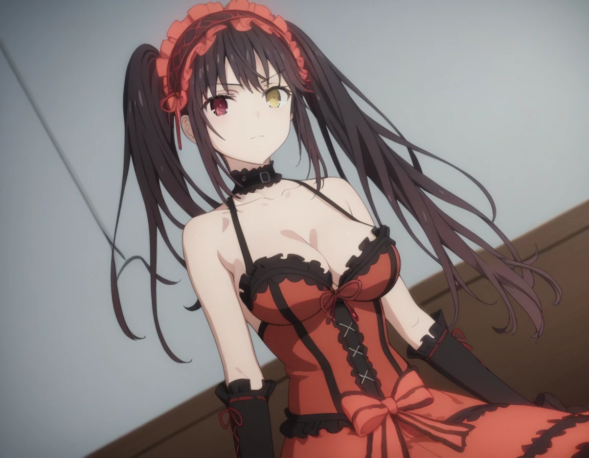 kurumi tokisaki, black hair, red eyes, long hair, twintails, yellow eyes, hairband, heterochromia, dress, red dress 
unbuttoned, bare shoulders, collarbone, choker, bowtie, red bowtie, detached sleeves, corset unbuttoned, frills, cleavage unbuttoned,sitting, looking at viewer, cowboy shot, dutch angle,showing naked breasts, medium large breasts,
showing naked breasts (cowboy photo: 1)