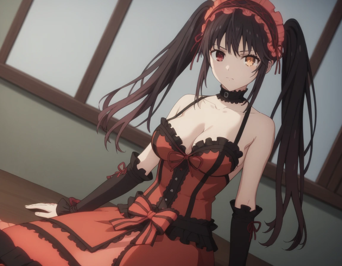 kurumi tokisaki, black hair, red eyes, long hair, twintails, yellow eyes, hairband, heterochromia, dress, red dress 
unbuttoned, bare shoulders, collarbone, choker, bowtie, red bowtie, detached sleeves, corset unbuttoned, frills, cleavage unbuttoned,sitting, looking at viewer, cowboy shot, dutch angle,showing naked breasts, medium large breasts,
showing naked breasts (cowboy photo: 1)