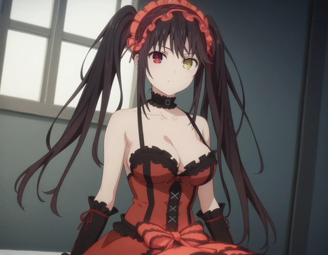 kurumi tokisaki, black hair, red eyes, long hair, twintails, yellow eyes, hairband, heterochromia, dress, red dress
unbuttoned, bare shoulders, collarbone, choker, bowtie, red bowtie, detached sleeves, corset unbuttoned, frills, cleavage unbuttoned,sitting, looking at viewer, cowboy shot, dutch angle,showing naked breasts, medium large breasts,
showing naked breasts (cowboy photo: 1)
