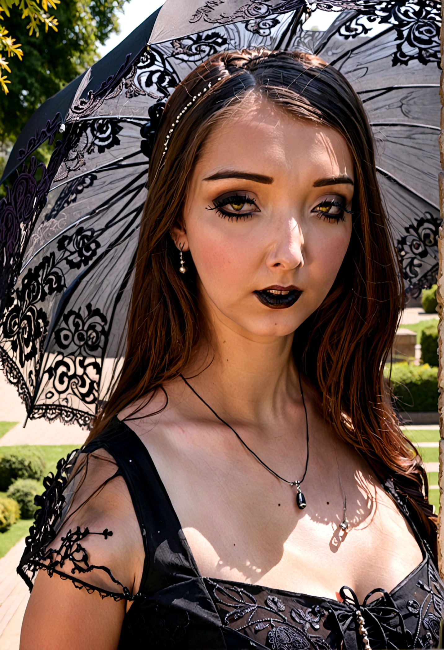 A sad woman (black umbrella, sheer black summer dress lots of black lace and embroidery, goth make up), sunny day, busy college campus
