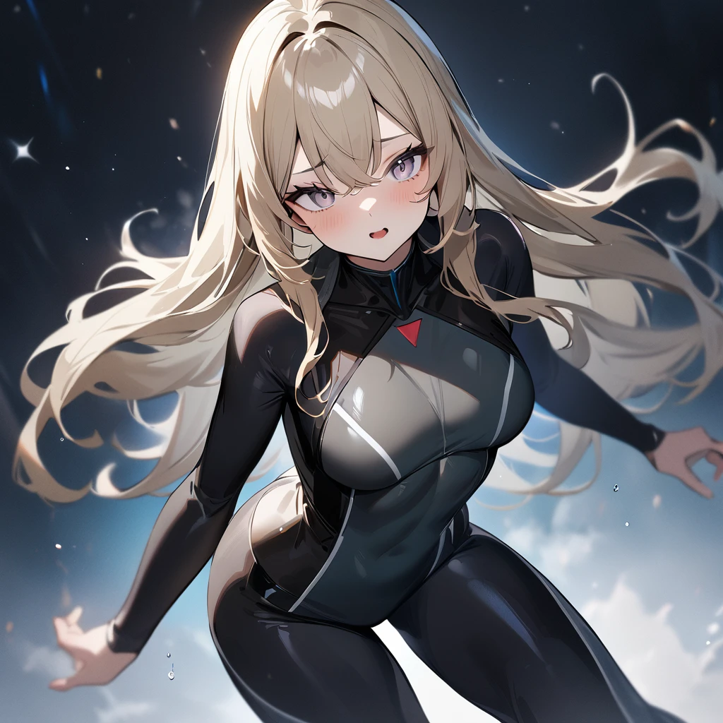 1 girl,light girl,long hair,pale eyes,light gold hair,mouth,masterpiece,best quality,very aesthetic,absurdres,tightsuit