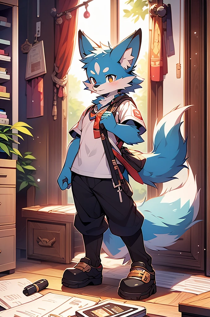 Blue fur, Canine, fox motif, boy, uniform,expensive,One person,Stand up on your own feet,