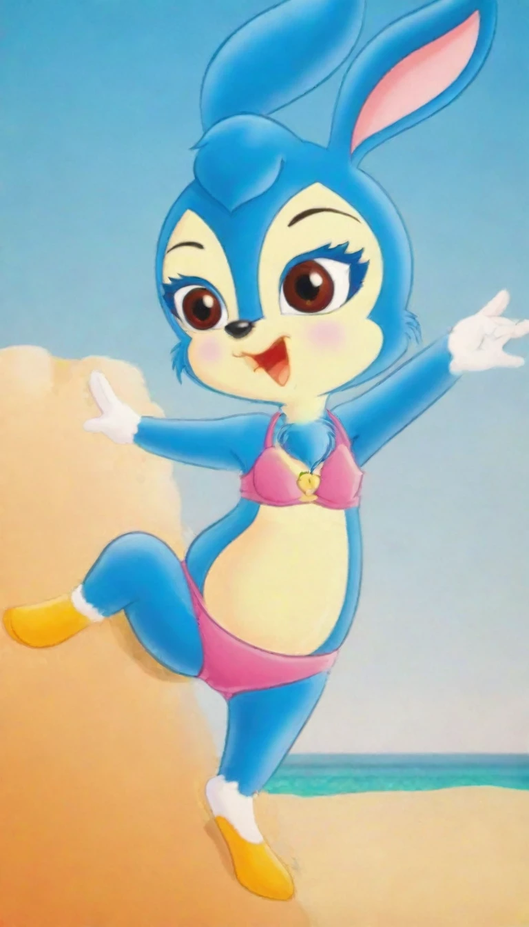 lantu,, masterpiece, best quality,Solitary,Animal ears,open mouth,Rabbit ears,Smile,hairy的,Happy,1 girl,Sexy look,Beach,Bikini,Brown eyes,blush,Gloves,Gloves,hairy,Animal nose,Leg lift,Bunny Girl,Blue fur,Blue Hair,Tail,flat chest,Raise your arms