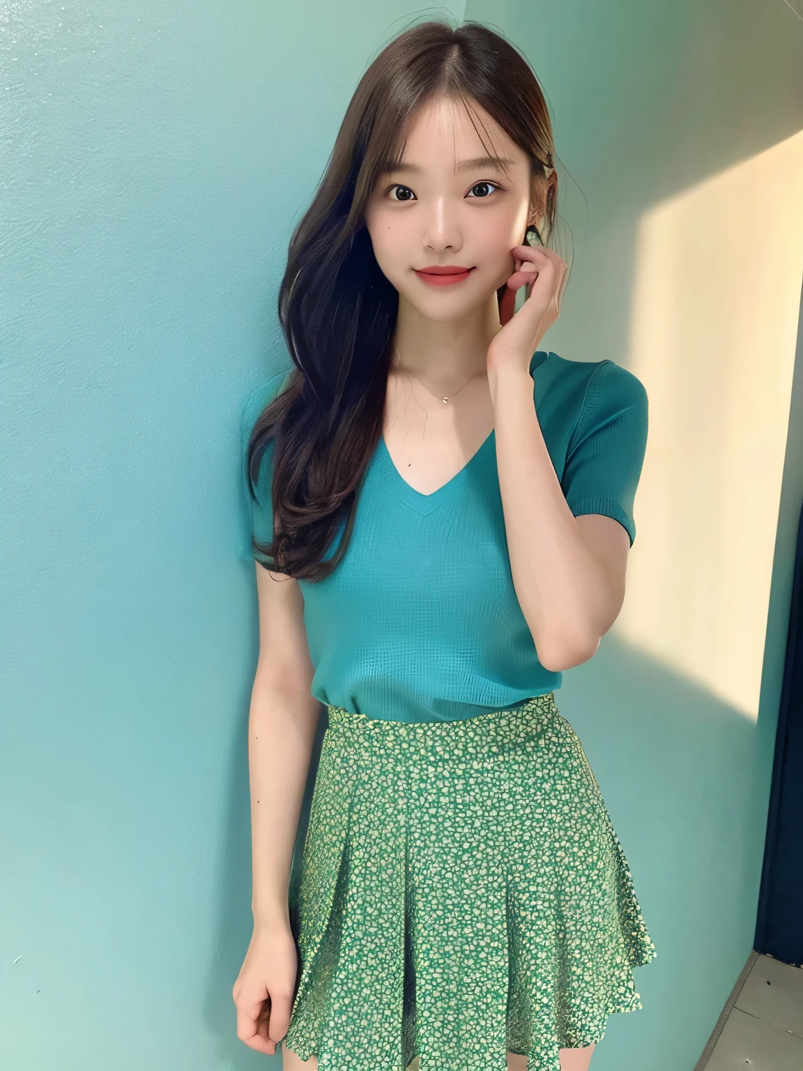 One person、13 years old、Full body photo、ponytail、slender、woman、White drool coming out of the mouth、smile、Very short hairstyle、 Fair skin, messy hair, super cute、Soft and Face、8K resolution、Surreal、Ultra high definition、 A-cup small breasts（（Highest resolution、8K、masterpiece：1.3））、Ultra-fine face、Ultra Fine Lips、Beautiful Eyes、double eyelid,Light blue wall、Green open front shirt、Red mini skirt、Thighs、thin,Thighsが見える、Shapely small breasts、