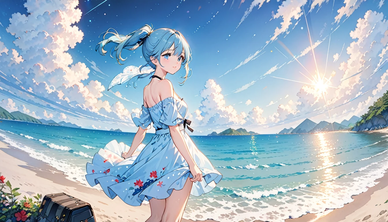 (Highest quality、8K、masterpiece、Super detailed:1.2)、Cinematic Angle、Cowboy Shot、Particles of light、Sparkle、Beautiful details in the eyes、Shiny skin、Shiny Hair、Light blue hair、Good eyes、Side Ponytail、Starry sky print、 Day、まだらのDay光、Blue sky、Beautiful Clouds、Beach、Wide Shot、Depth of written boundary、Blurred、Ocean、Distant islands、 1girl, solo, sexy, rib, cute, clavicle, (whole body)