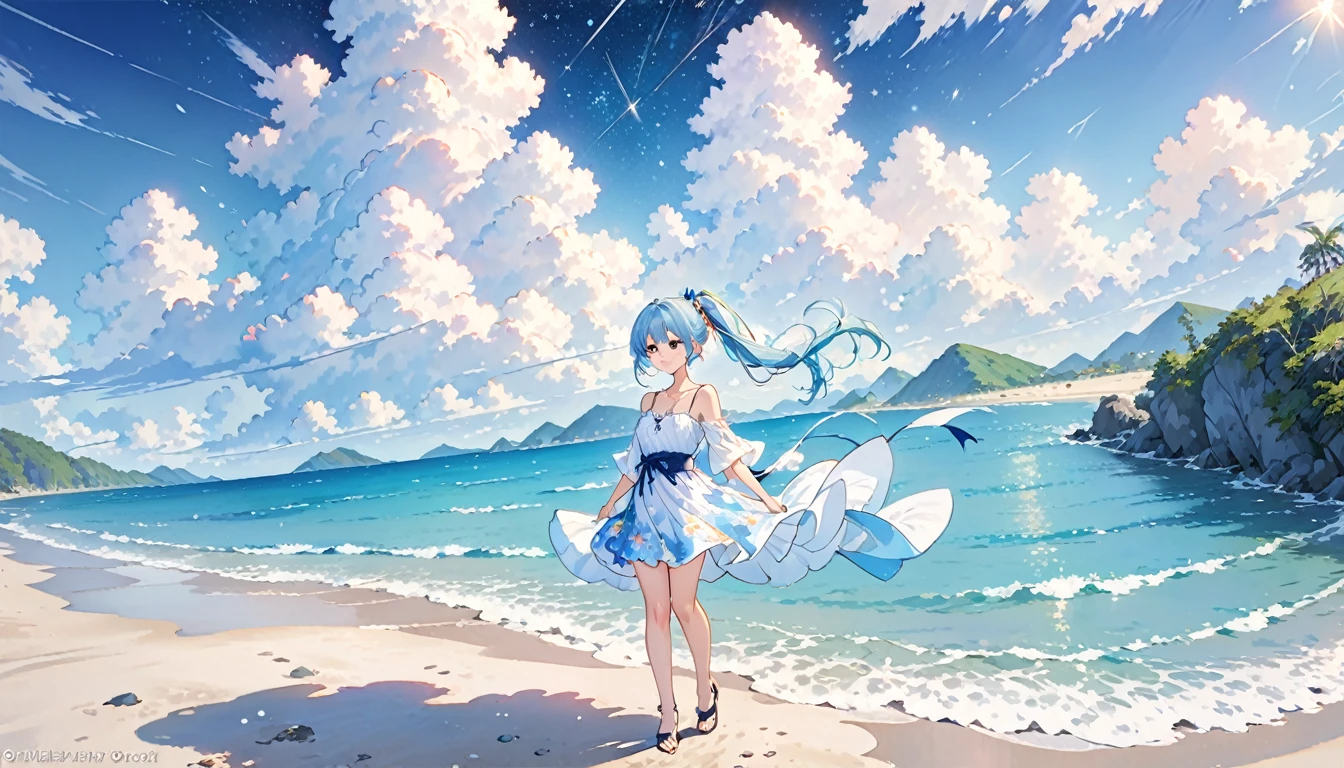 (Highest quality、8K、masterpiece、Super detailed:1.2)、Cinematic Angle、Cowboy Shot、Particles of light、Sparkle、Beautiful details in the eyes、Shiny skin、Shiny Hair、Light blue hair、Good eyes、Side Ponytail、Starry sky print、 Day、まだらのDay光、Blue sky、Beautiful Clouds、Beach、Wide Shot、Depth of written boundary、Blurred、Ocean、Distant islands、 1girl, solo, sexy, rib, cute, clavicle, (whole body)