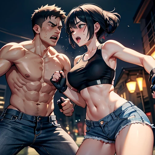 Two men and women facing each other in a street fight。Intense Battle。A man holds out his arm towards a woman。A female street fighter is crying。Her clothes are ripped and her chest is exposed.。Covered in bruises。Bloody。shortness of breath。Drooling。Frightened expression。Running out of energy。Sweaty。Short black hair。Open Finger Gloves。Erect nipples。One eye closed。Leaning back。Sports Bra。Denim shorts。