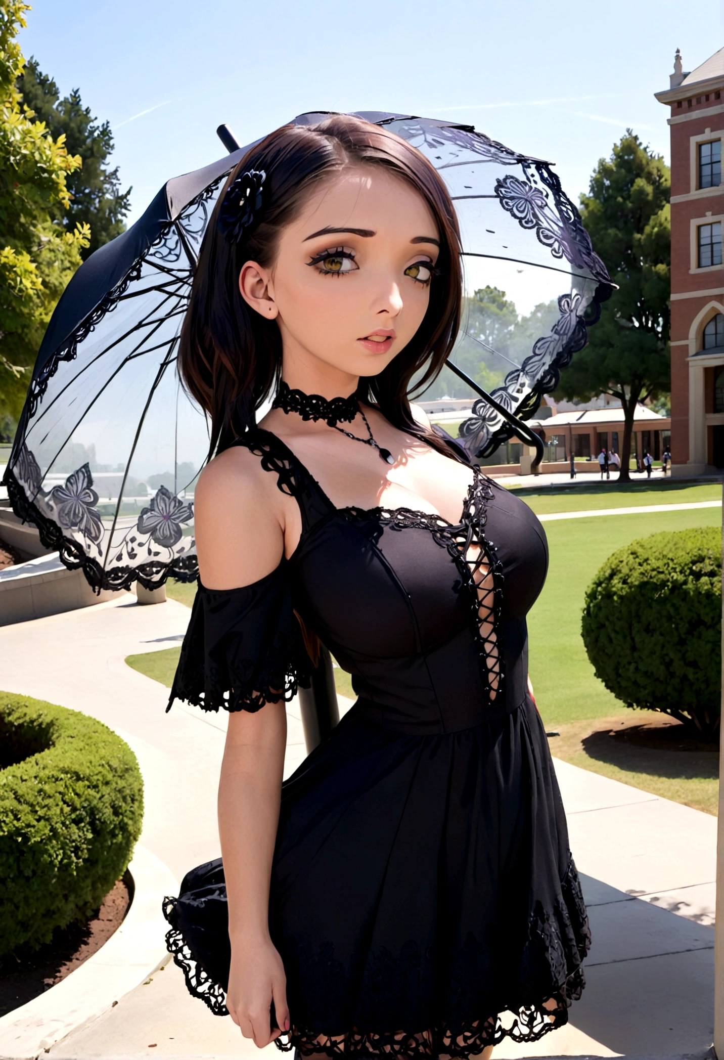 A sad woman (black umbrella, sheer black summer dress lots of black lace and embroidery, goth make up), sunny day, busy college campus