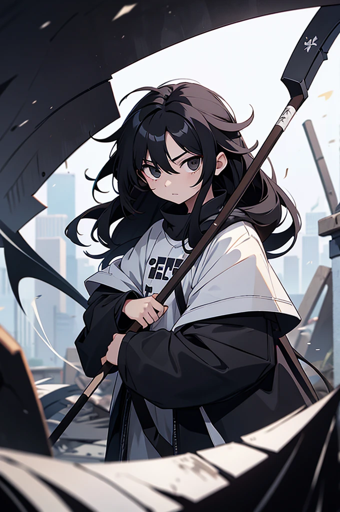 Girl, white skin, black hair, long hair, messy hair, black eyes, dark clotches, holding a scythe