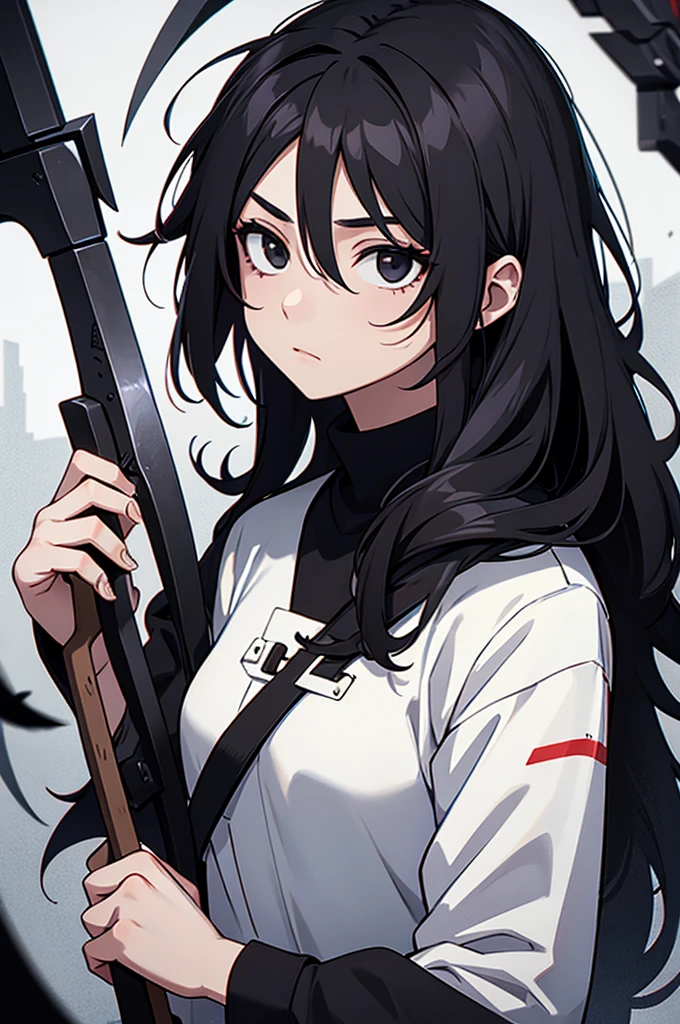 Girl, white skin, black hair, long hair, messy hair, black eyes, dark clotches, holding a scythe 