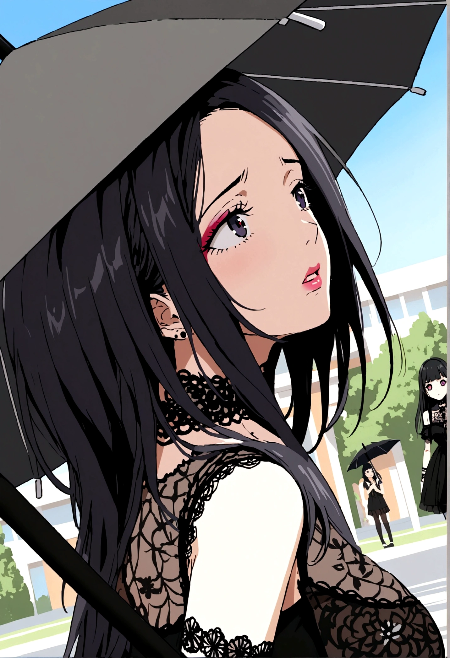 A sad woman (black umbrella, sheer black summer dress lots of black lace and embroidery, goth make up), sunny day, busy college campus
