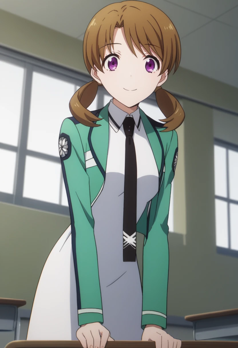 score_9, score_8_up, score_7_up, source_anime,
honokamitsui, honoka mitsui, 
bangs, brown hair, twintails, low twintails, purple eyes, 
jacket, green jacket, long sleeves, dress, white dress, necktie, black necktie, pantyhose, 
solo, bent over, smile, 
dutch angle, looking at viewer, cowboy shot, 
indoors, classroom, 