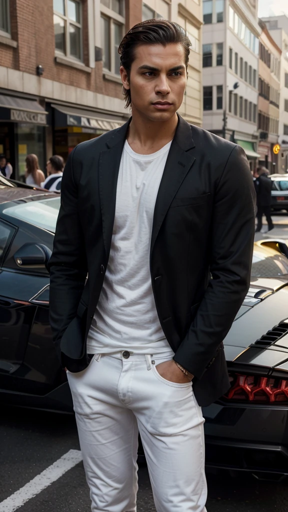 Aqui está o prompt atualizado com as mudanças solicitadas:
"A handsome and attractive man with a more masculine appearance, short straight hair slicked back, brown eyes, and lightly tanned skin. He is dressed in a stylish and casual outfit consisting of a dark black blazer, a fitted white shirt, and dark jeans, exuding power and confidence. He stands next to a sleek yellow Lamborghini, parked in an upscale urban environment. The scene captures the essence of luxury and sophistication, with the high-end car and his confident posture. His face is highly realistic, capturing fine details and lifelike expressions."