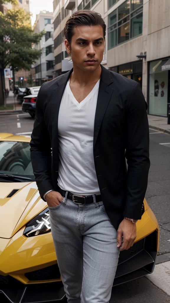 Aqui está o prompt atualizado com as mudanças solicitadas:

"A handsome and attractive man with a more masculine appearance, short straight hair slicked back, brown eyes, and lightly tanned skin. He is dressed in a stylish and casual outfit consisting of a dark black blazer, a fitted white shirt, and dark jeans, exuding power and confidence. He stands next to a sleek yellow Lamborghini, parked in an upscale urban environment. The scene captures the essence of luxury and sophistication, with the high-end car and his confident posture. His face is highly realistic, capturing fine details and lifelike expressions."