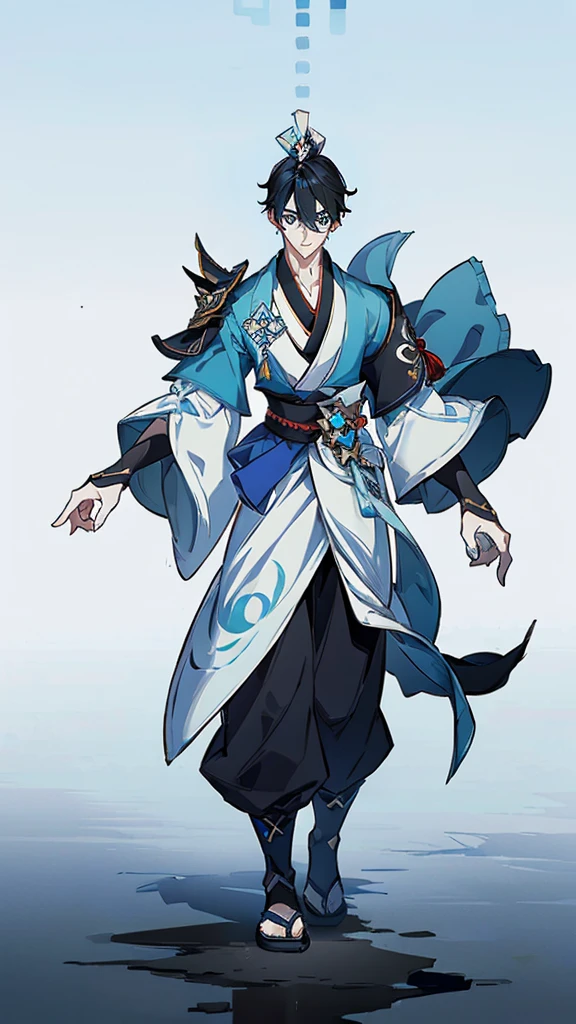 ((Genshin impact style)) (masterpiece), (high quality), (pretty boy face), 1 boy, , masculine and tall body, white skin, ((medium short black hair)), ((light blue and cold eyes)), Stoic and serious expression, designs from East Asian, Game character costume design, Japanese clothing style with a dark blue, white and black color palette, Japanese hair accessories, ((White background)) ((full body standing up))