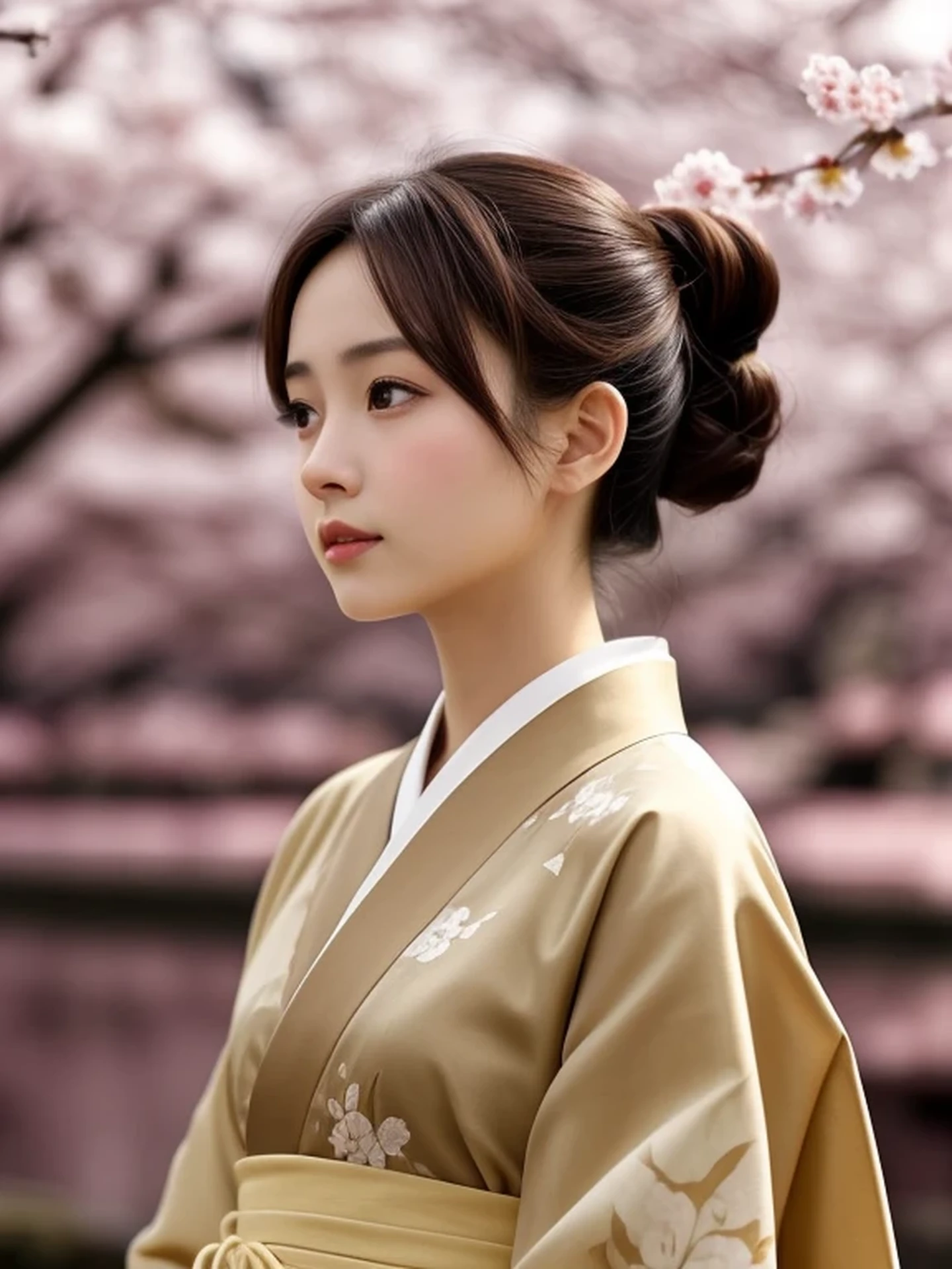 1 Japanese girl, (looking away:1.4), (upper body shot:1.2), Beautifully detailed eyeballs, catchlight in the eyes, Realistic digital painting of a woman portrait, Shy, Cute, open mouth to say something, sad, brown eyes, (half updo,:1.1), (light brown brunette hair:1.3), (Highly detailed skin:1.2), Mystical style, Global Illumination, Traditional Japanese　floral printed Kimono, A silk kimono with a deep red base. A garden with many blooming Cherry blossom trees