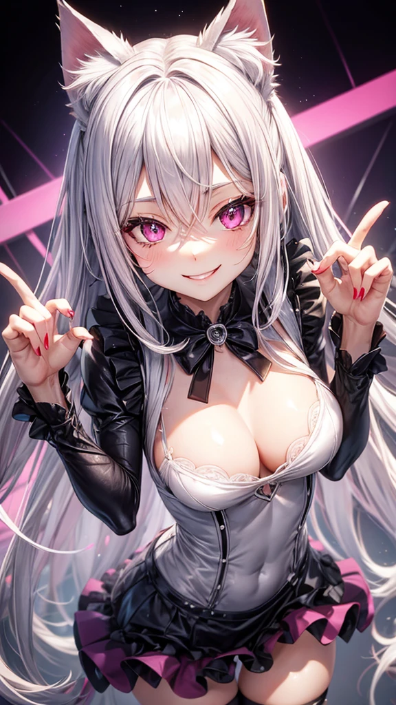 dress, pink eyes, silver hair, sexy, cat ears, smile, sexy smile, sexy pose