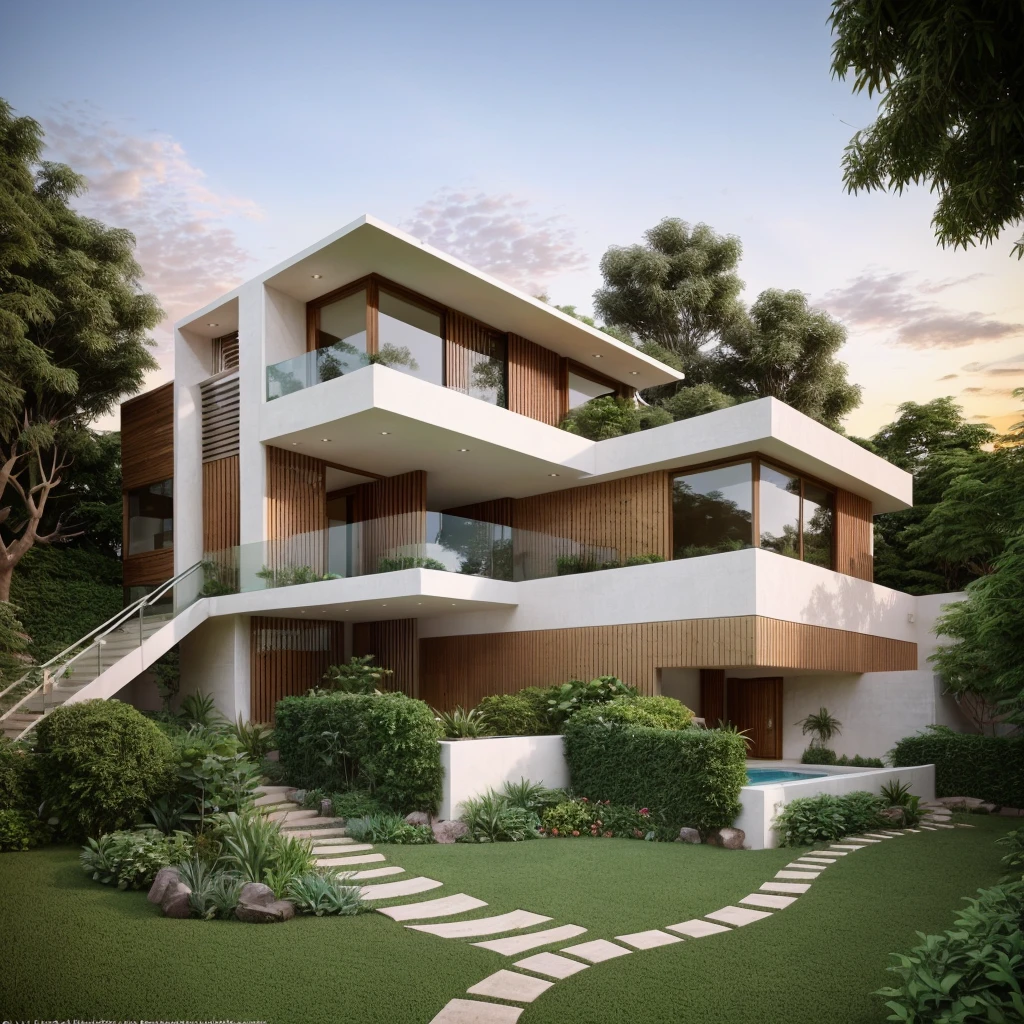 MODERN HOUSE is located on the upper hill, (curly pathway in front of the house), white wall, concrete, glass windows, curtain wall, wood ceiling, ((small swimming pool under the house)), ((big front yard)), court outside, SUNSET