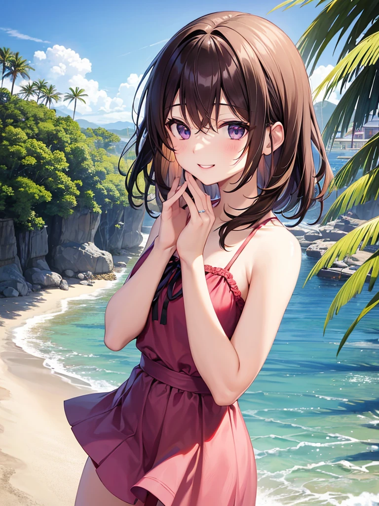 Location in Japan, Anime 1 girl, Brown hair, Eye color at the top is blue to the bottom is slightly purple, Cute face, Slim body, Medium and firm breasts, Slightly messy hair, smooth white skin like Mutia, The sun has set, on the beach, looking at the beach view, raise one hand above your head, wearing a summer dress, Happy smiling, masterpiece, 8k.