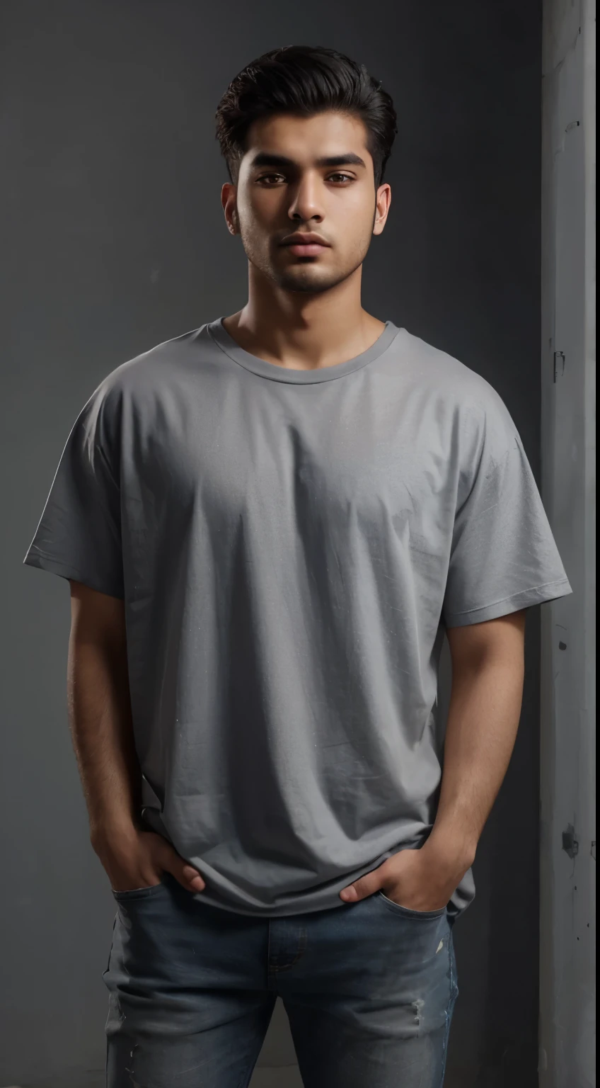 create mock up template oversize t-shirt, an 24 year old Pakistan Man wearing gray color oversize t-shirt, showing the front of the clothes, with out any print on the front of the clothes, the clothes were worn by model, good lightning, master piece, 4k hyper realistic raw photo, studio photo background