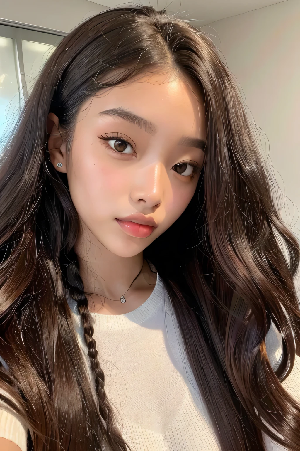 masterpiece, best quality, 1 girl, solo, beautiful African and Asian mixed 19 year old, brown skin female, long, frizzy, curly dark hair, perfect face, long hair
