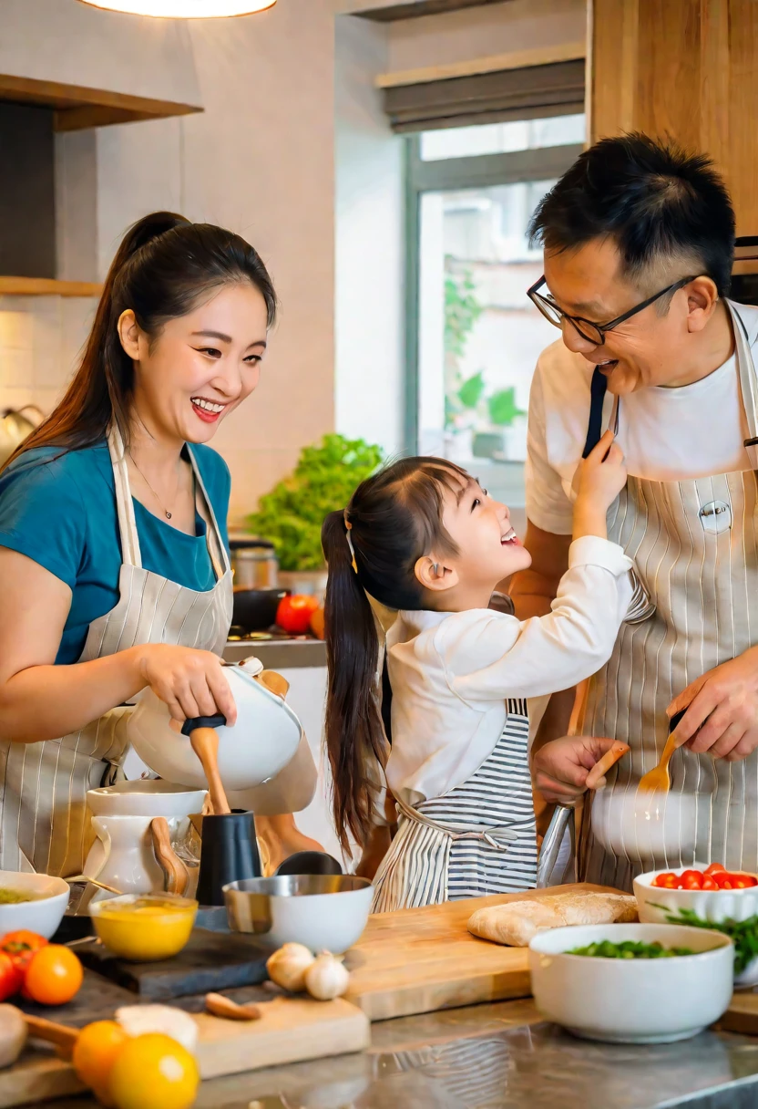 araffes and a woman and a  are In the kitchen, cooking, Wearing an apron, In the kitchen里, photo, lifestyle, gourmet food, In the kitchen, Domestic, family, cooking show, happy family, Husband, wife, son, children, European, shutter, healthy,  photography, 营销photo, Mixed Art, Warm and convivial atmosphere