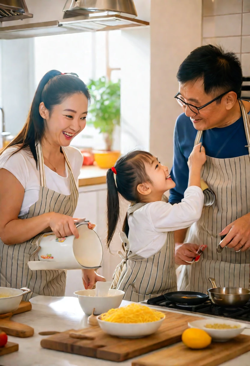 araffes and a woman and a are In the kitchen, cooking, Wearing an apron, In the kitchen里, photo, lifestyle, gourmet food, In the kitchen, Domestic, family, cooking show, happy family, Husband, wife, son, children, European, shutter, healthy, photography, 营销photo, Mixed Art, Warm and convivial atmosphere