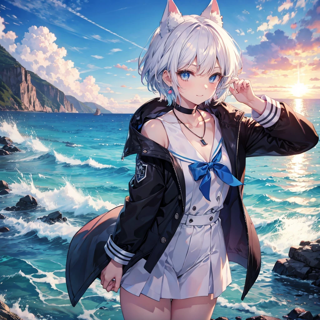 White Hair　blue eyes　short hair　Have　student　Cat ear　nice　Blue Earrings　necklace　gloves　beauty　thin　Sailor suit　Put on a black coat　Fantasy　smile　coastal　sunset　Fluffy hair