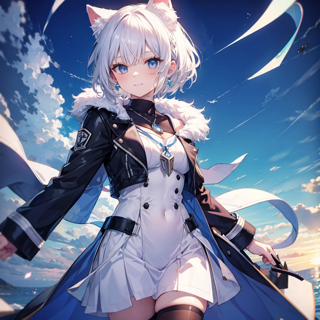 White Hair blue eyes short hair Have student Cat ear nice Blue Earrings necklace gloves beauty thin Sailor suit Put on a black coat Fantasy smile coastal sunset Fluffy hair