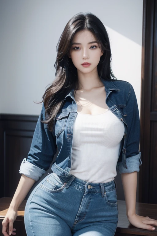photorealistic, high resolution, 1 women, solo, hips up, look at viewer, (detailed face), black hair, long hair, medium breasts, shirt, hot jeans, innocent blue eyes