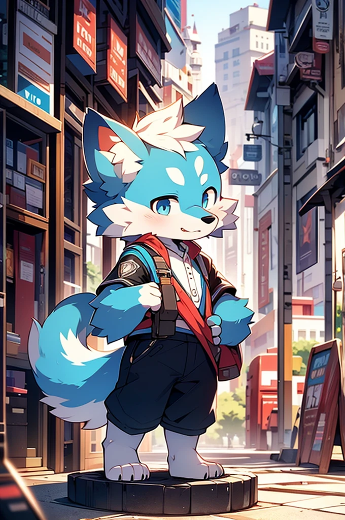 Blue fur, Canine, fox motif, boy, uniform,expensive,One person,Stand up on your own feet,背がexpensive,Cityscape,