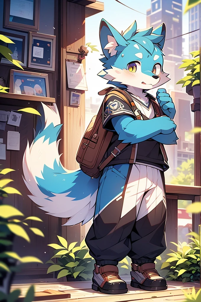 Blue fur, Canine, fox motif, boy, uniform,expensive，One person，Stand up on your own feet，背がexpensive，Cityscape，