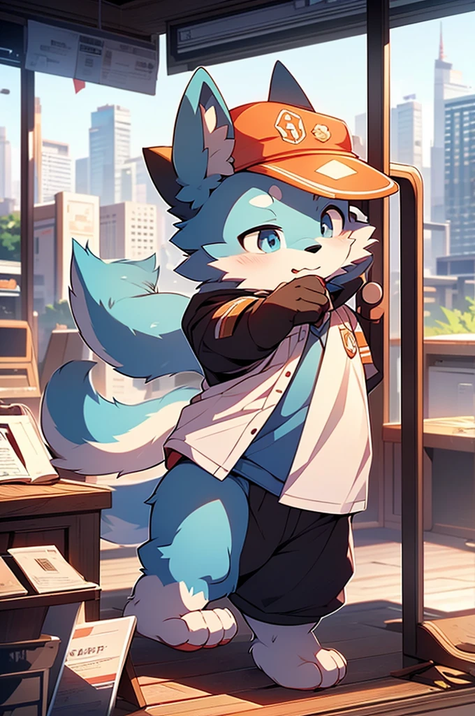 Blue fur, Canine, fox motif, boy, uniform,expensive,One person,Stand up on your own feet,背がexpensive,Cityscape,