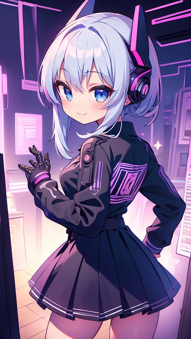 masterpiece, Highest quality, High resolution, Very detailed,(((Beautiful high school girl))), (((cyber punk))), (((smile))), Gray Hair, Bare legs, Blue light,0 black underwear, Panty shot, Black short skirt