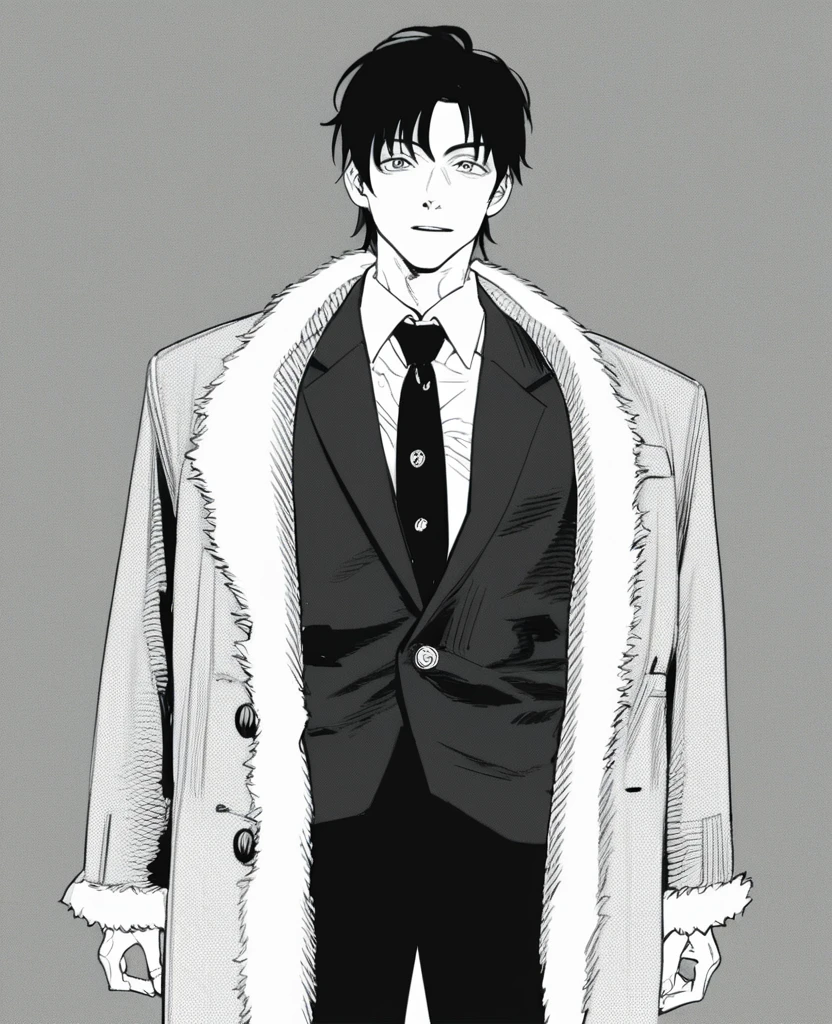 yuto-sano, 1boy, Kaneki, black hair, black suit, black long sleeves, fur coat, elegant, monochrome, solo, greyscale, male focus, looking at viewer